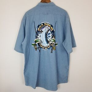 Vintage 90s Cotton Chambray Penn Reels Graphic Short Sleeve Button Down Shirt